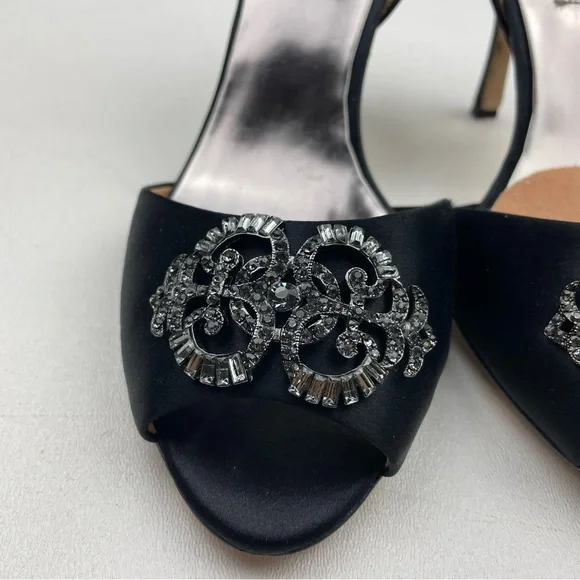 Badgley Mischka Black Satin Embellished Heels Size 8.5 - Picture 3 of 10